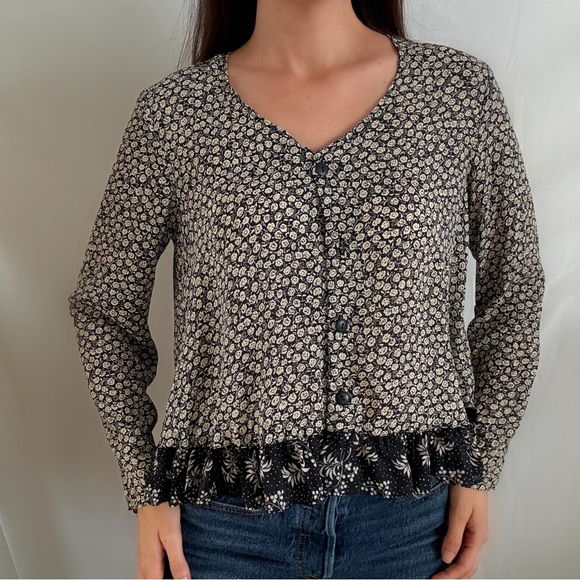 Vintage Tops - Vintage 90s long sleeve boho floral blouse top loose fit tent button up medium